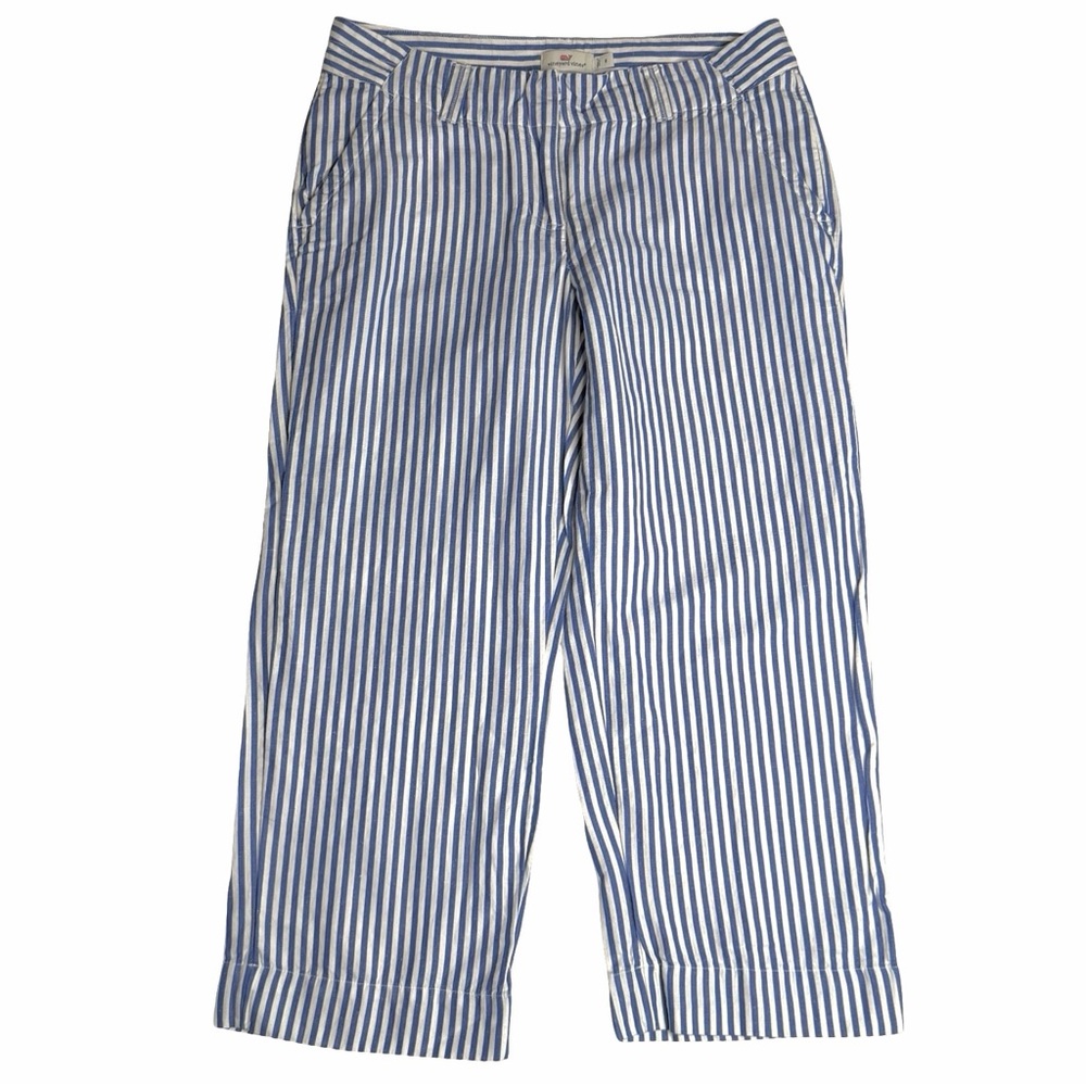 Vineyard Vines Blue & White Striped Linen Blend Wide Leg Crop Pants - Size 8